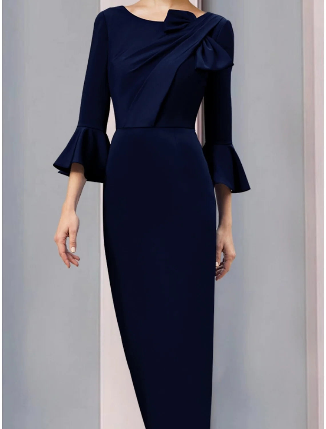 Wholesale A-Line Mother of the Bride Dress Wedding Guest Elegant Scoop Neck Ankle Length Stretch Fabric 3/4 Length Sleeve with Bow(s) Ruching Solid Color